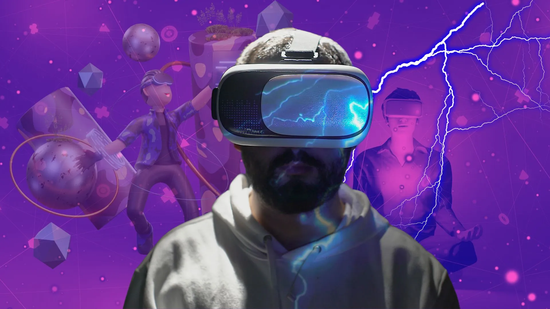 An AI-created illustration of someone connected to a metaverse office via a VR headset 