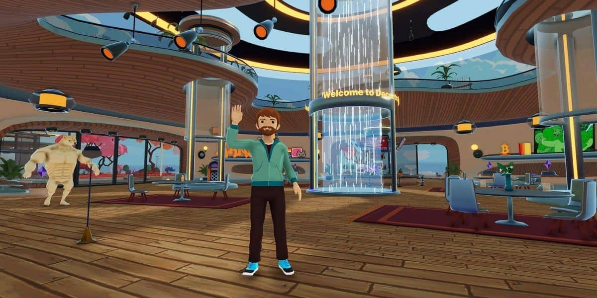 A male avatar in a green hoodie stands in the middle of a virtual lounge.
