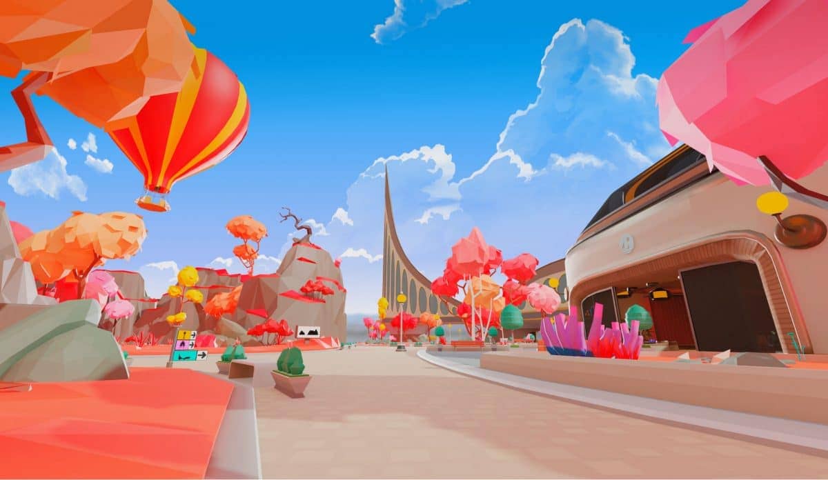 A virtual city with blue skies and pink trees is shown.