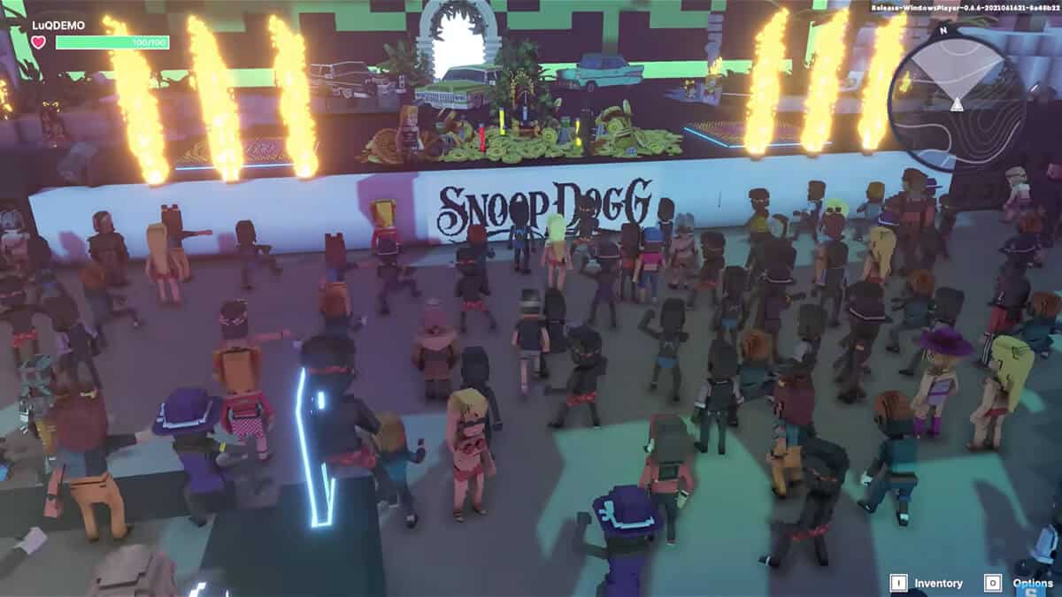 Animated characters dance in front of a stage in a virtual world.