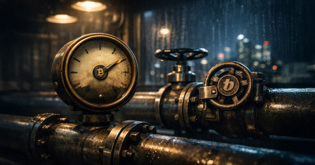 Industrial pressure gauge and valve marked with Bitcoin and Bithumb symbols, representing the fading kimchi premium as South Korea intensifies scrutiny on the exchange