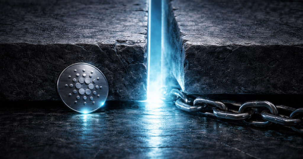 Cardano ADA coin beside a heavy chain split by a glowing crack in stone, symbolizing low-key network upgrades paving the way for institutional adoption backed by on-chain data