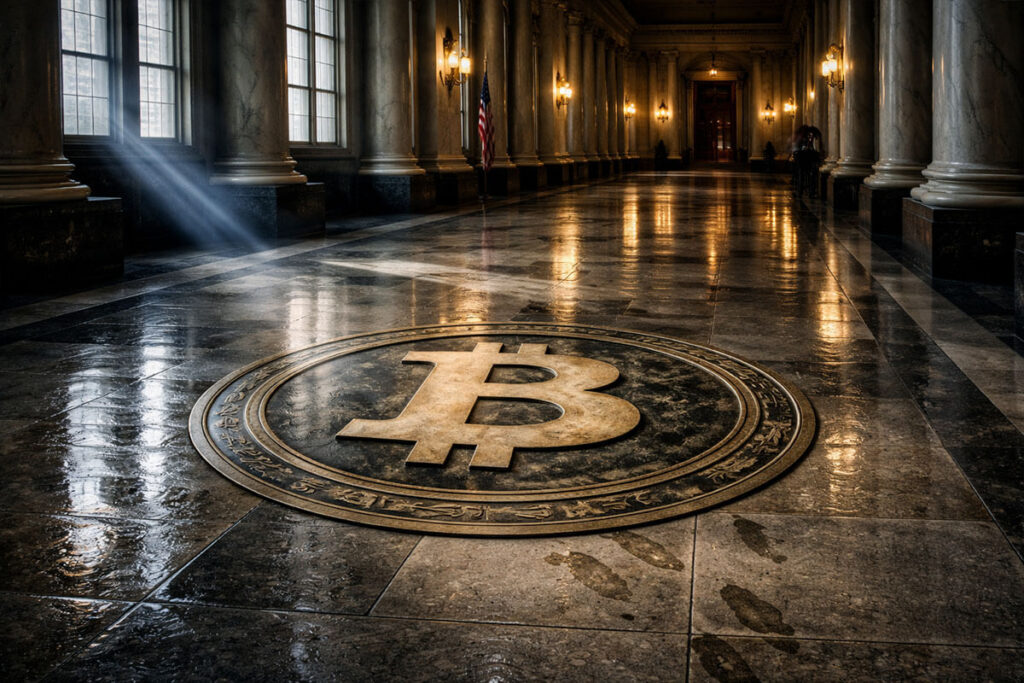 Bitcoin gold bar suspended by an industrial crane above a stormy shipping port, symbolizing Bitcoin’s price surge amid geopolitical tension from the Iran war and uncertainty tied to Trump tariff policies.