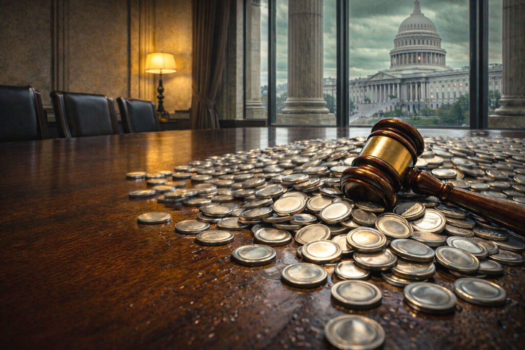 Bitcoin coin pinned beneath a closing metal door in a wet office corridor as a wall clock emphasizes the final minutes before a major options expiry