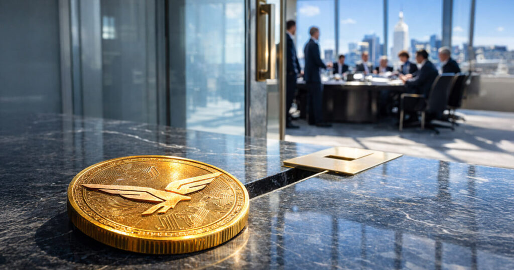 The Trump-backed WLFI is selling access for $5 million and offering financing to anyone WLFI cryptocurrency coin placed on a boardroom table outside a high-level executive meeting, symbolizing the Trump-backed project offering guaranteed direct access to investors for $5 million
