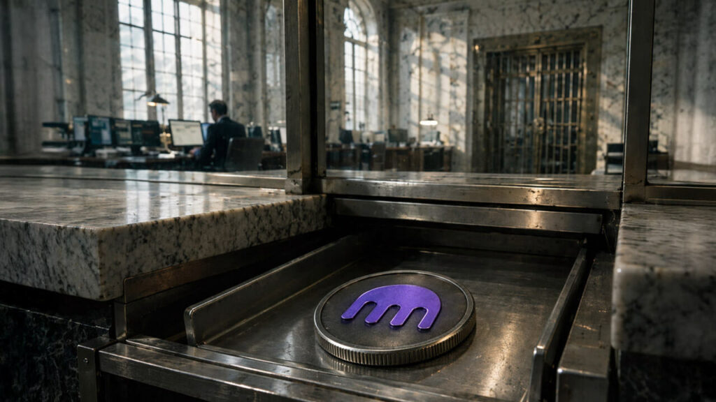 Congressional hearing room with U.S. documents and a dollar coin in the foreground as a woman pays by phone, symbolizing stablecoins becoming easier to use while Bitcoin still awaits regulatory clarity