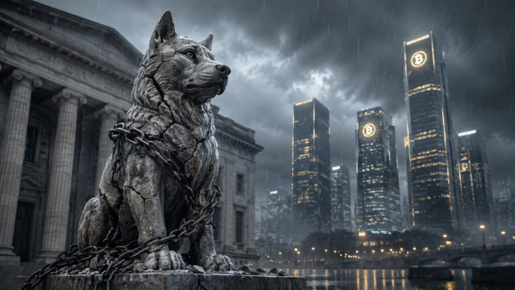 CFTC zou een breder toezicht op cryptovaluta kunnen krijgen, omdat medewerkers die grote bedrijven ondervroegen naar verluidt buitenspel werden gezet Chained wolf statue outside a regulatory building with Bitcoin-branded skyline reflecting debate over expanded CFTC crypto oversight and industry scrutiny of regulators