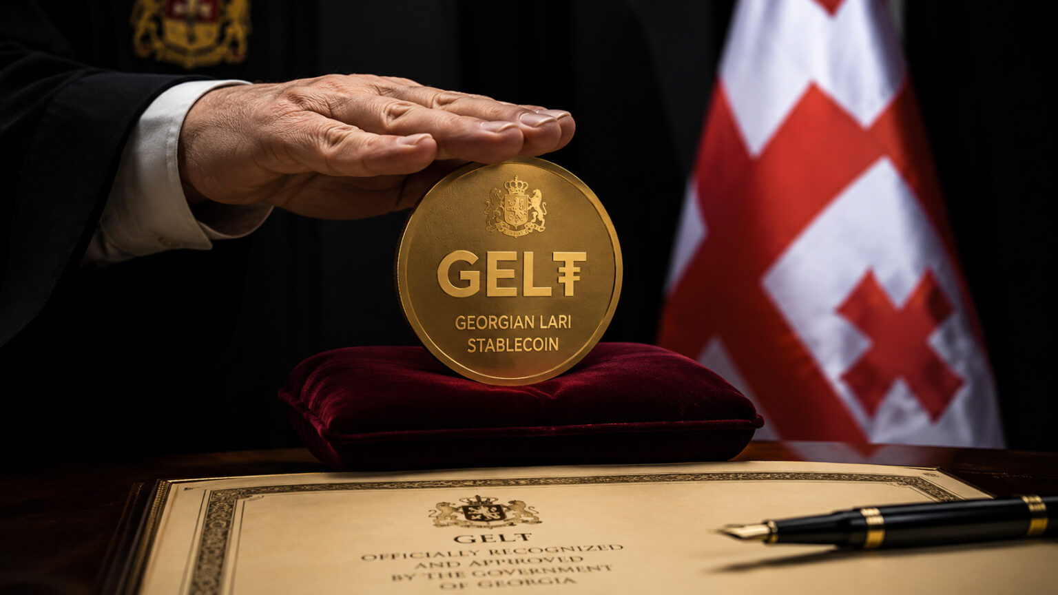 Het Georgia stablecoin-plan van Tether beweegt zich al vroeg op de nationale betalingsrails GEL₮ Georgian lari stablecoin displayed with official ceremony setting and Georgian flag symbolizing Tether-backed national payment rail expansion in Georgia