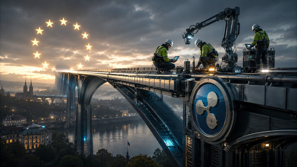 Ripple logo connected by a bridge symbolizing Ripple's European regulatory pathway under MiCA.